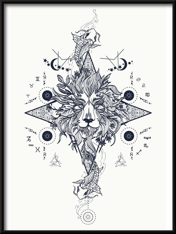 Plakat mistyczny lew i karp, średniowieczne symbole astrologiczne