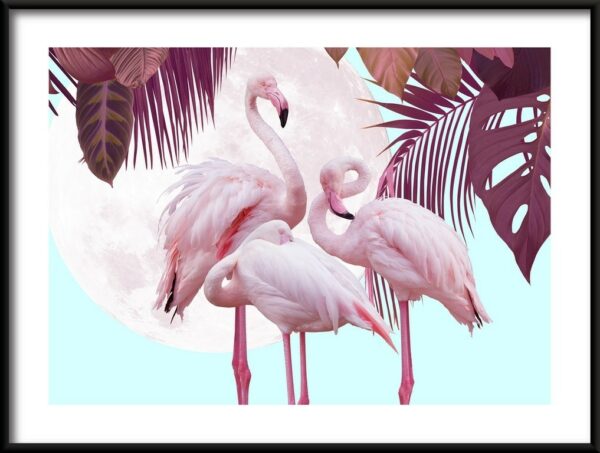 Plakat Flamingi na Tle Księżyca