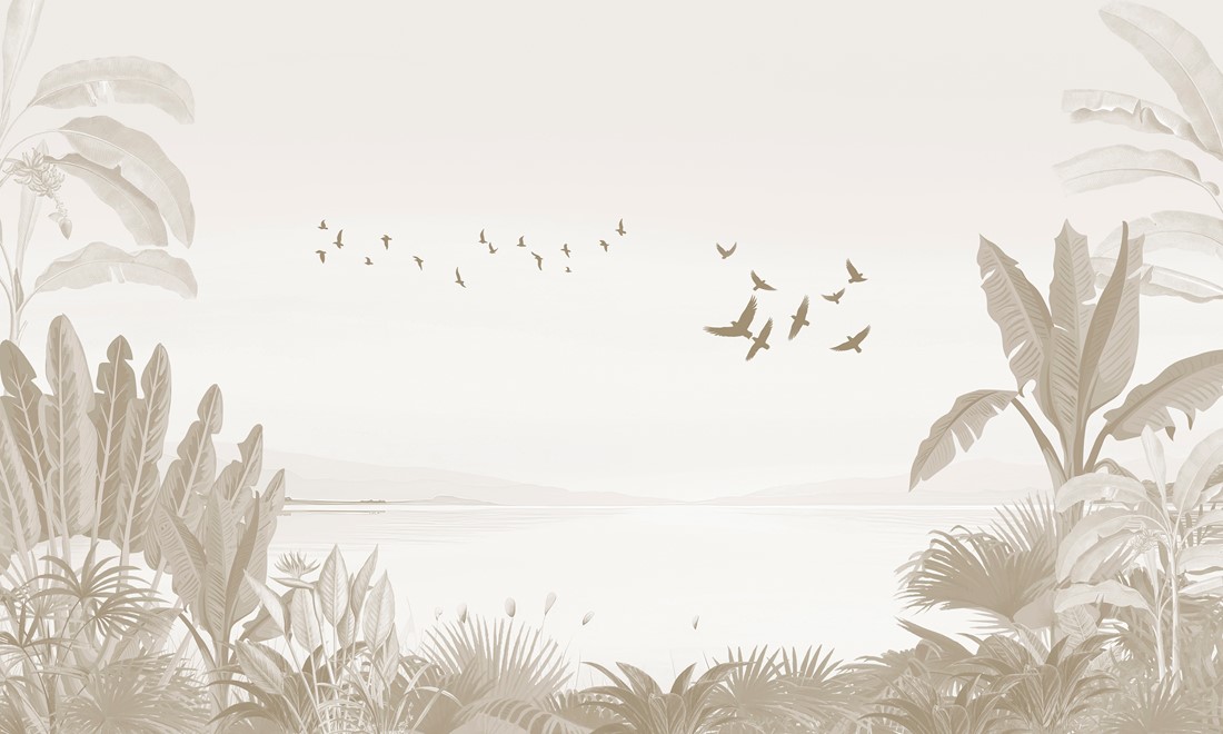 Vintage,Tropical,Landscape,Wallpaper:,Birds,Over,Muted,Brown,Palms,And Fototapeta Odlatujące Ptaki
