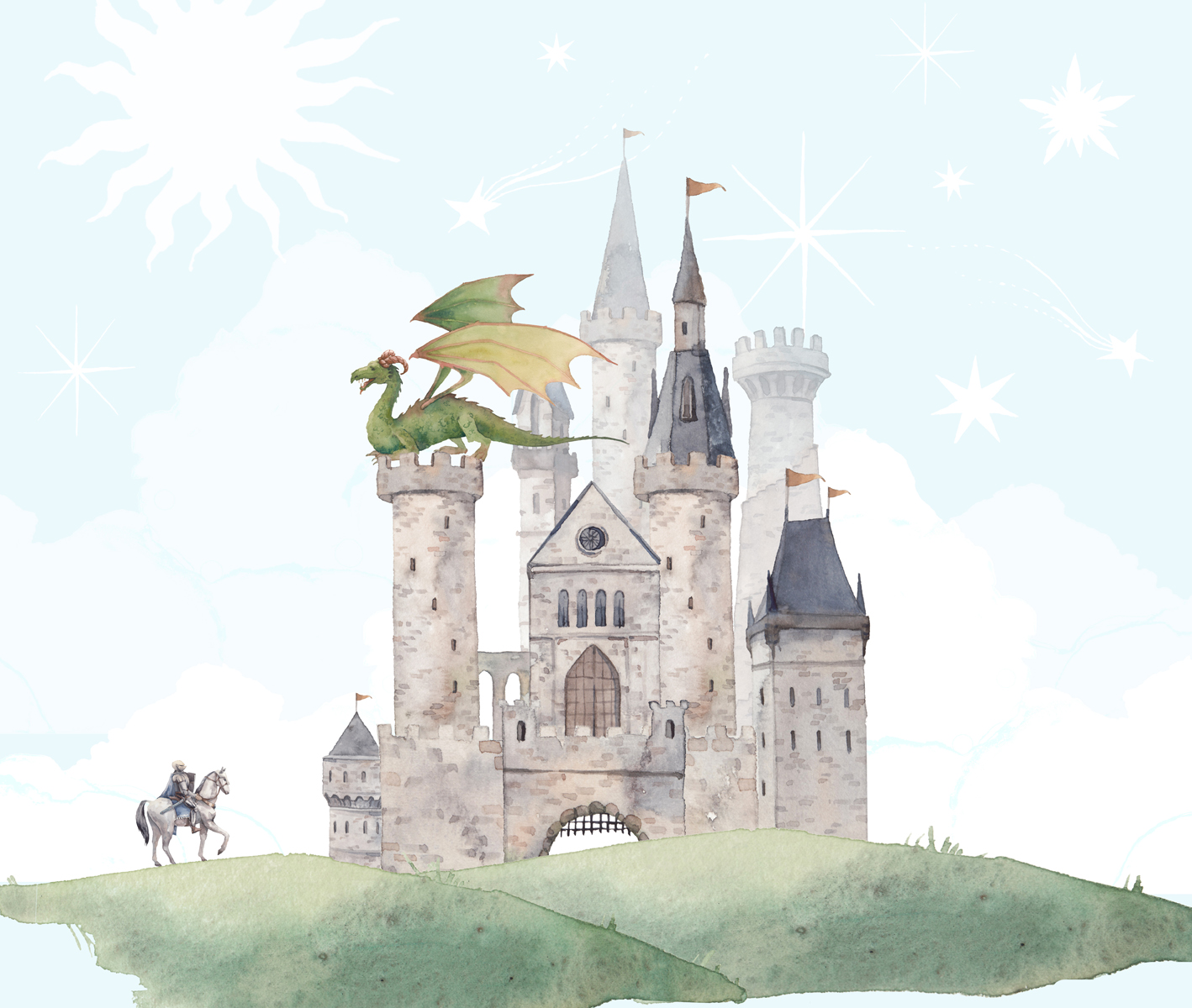 Fairytale illustration with dragon tower and knight. Watercolor Fototapeta Fototapeta Bajkowy Zamek ze Smokiem