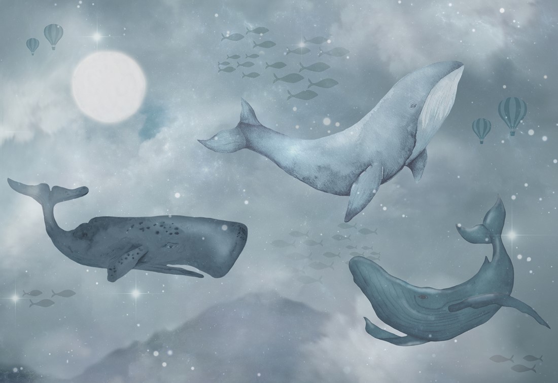 Flying whales on the background of the starry sky in the clouds wallpaper Fototapeta Taniec Wielorybów