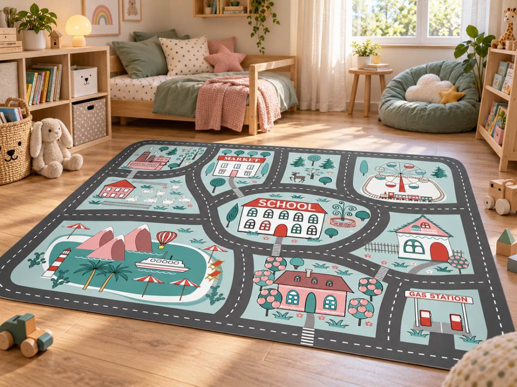 Wykładzina PCV Miasto dla Dzieci w Kolorach Mięty 200×150 cm