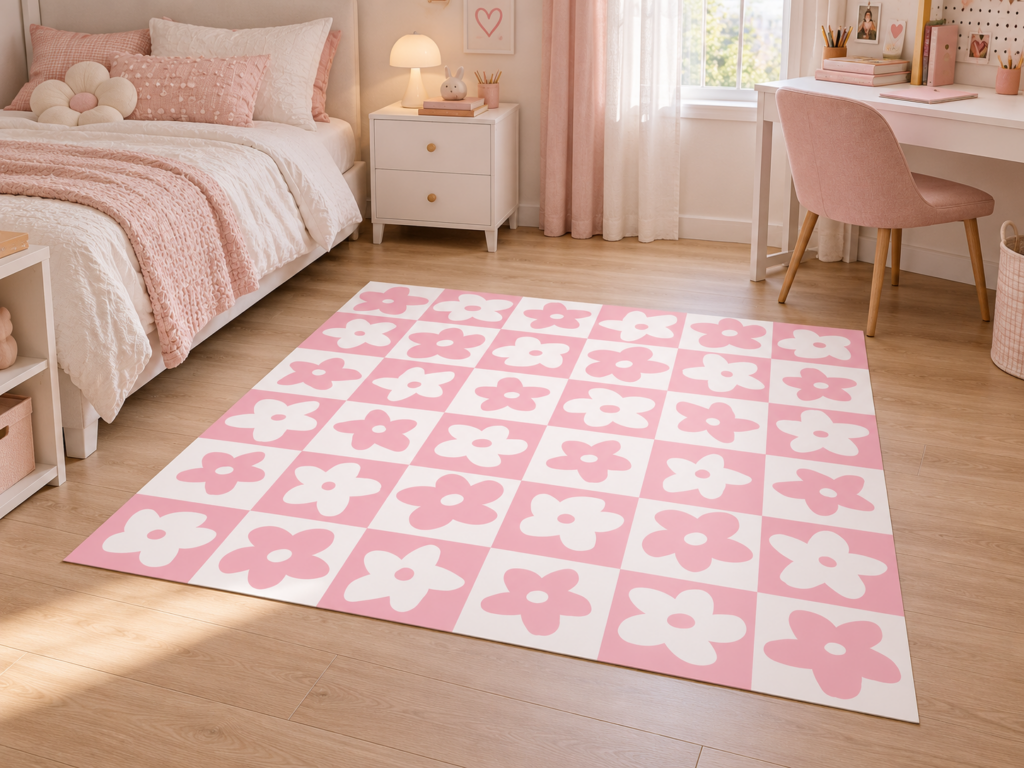 Wykładzina Dywanowa Różowe Kwiaty w Szachownicy 150×150 cm