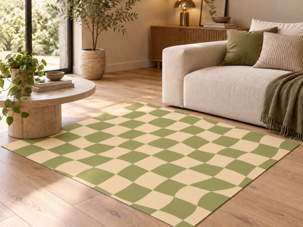 Wykładzina PCV Falująca Zielona Kratka do Salonu 150×150 cm